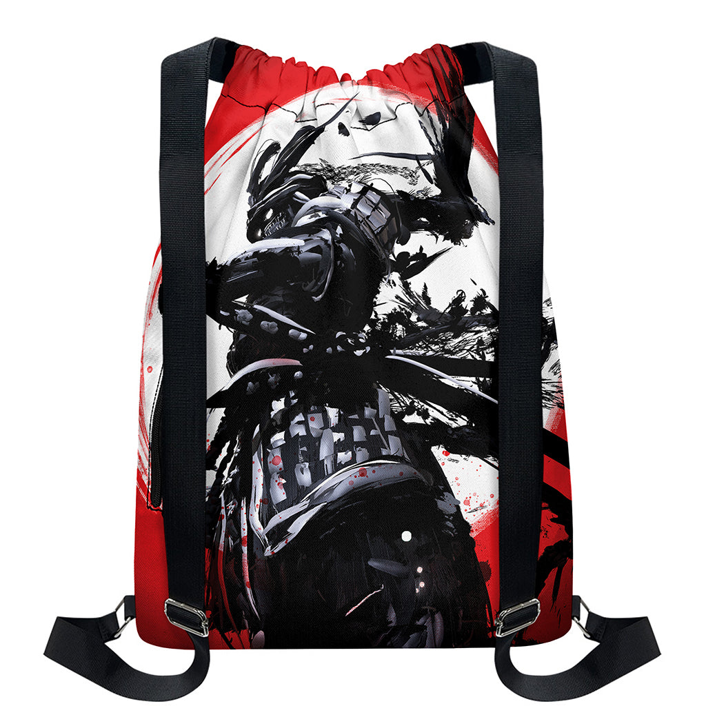 Samurai And Crow Print Drawstring Backpack