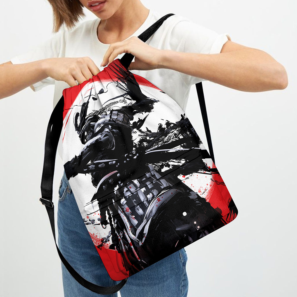 Samurai And Crow Print Drawstring Backpack