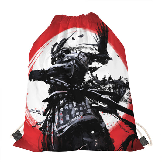 Samurai And Crow Print Drawstring Bag