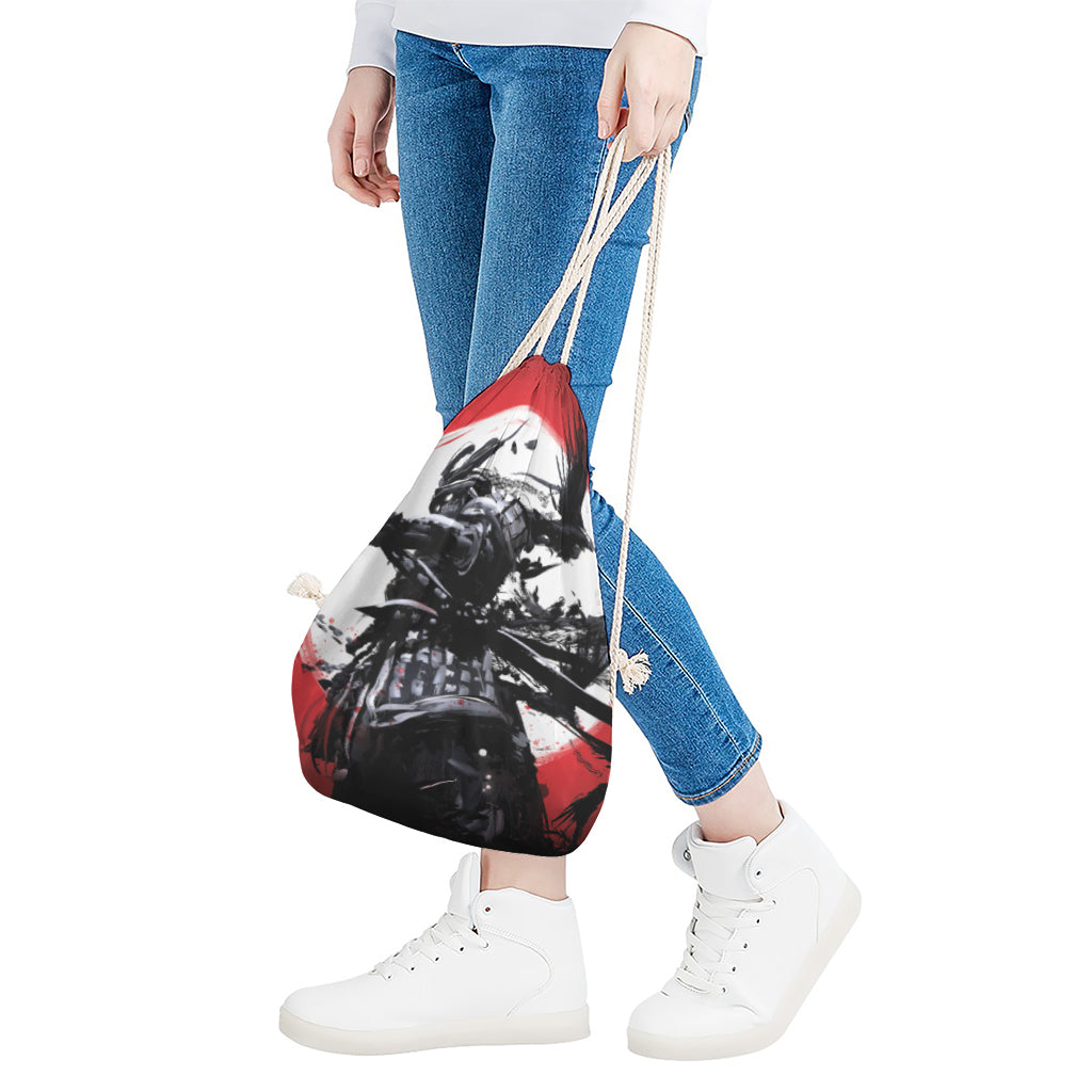 Samurai And Crow Print Drawstring Bag