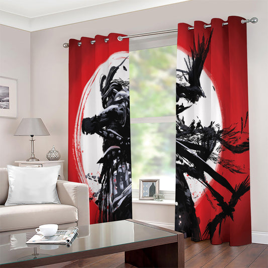 Samurai And Crow Print Extra Wide Grommet Curtains