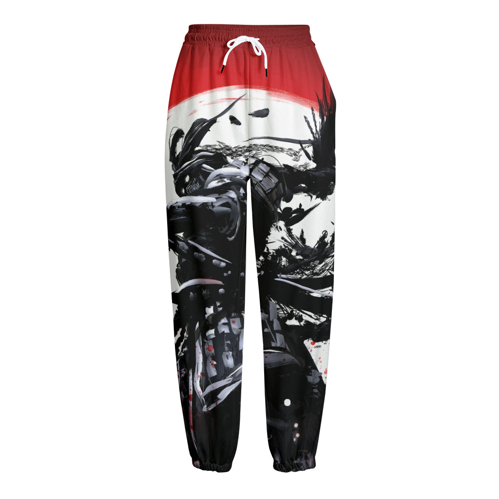 Samurai And Crow Print Fleece Lined Knit Pants