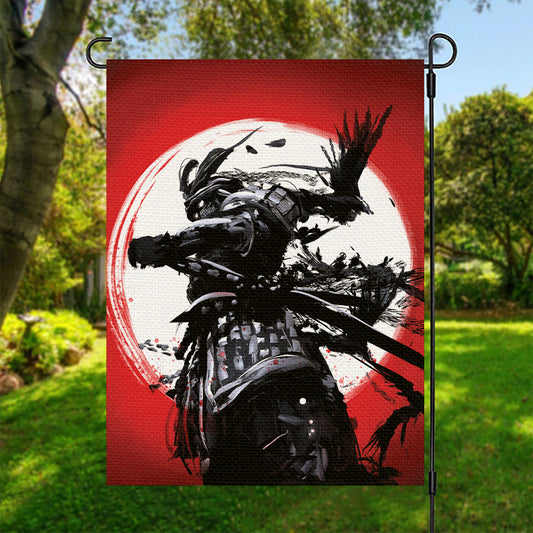 Samurai And Crow Print Garden Flag