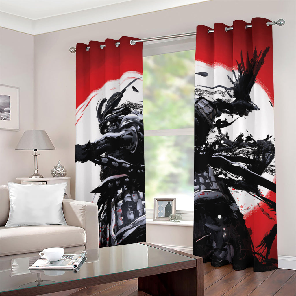 Samurai And Crow Print Grommet Curtains