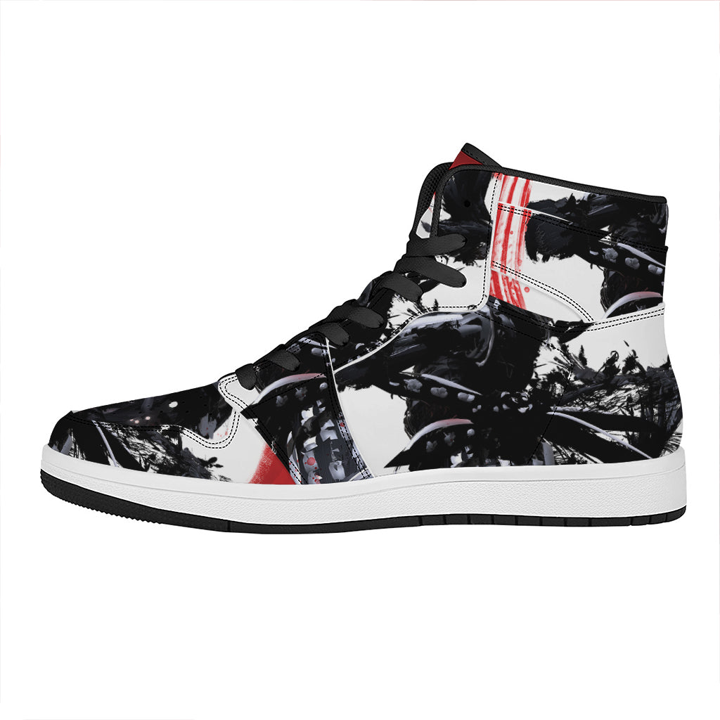 Samurai And Crow Print High Top Leather Sneakers