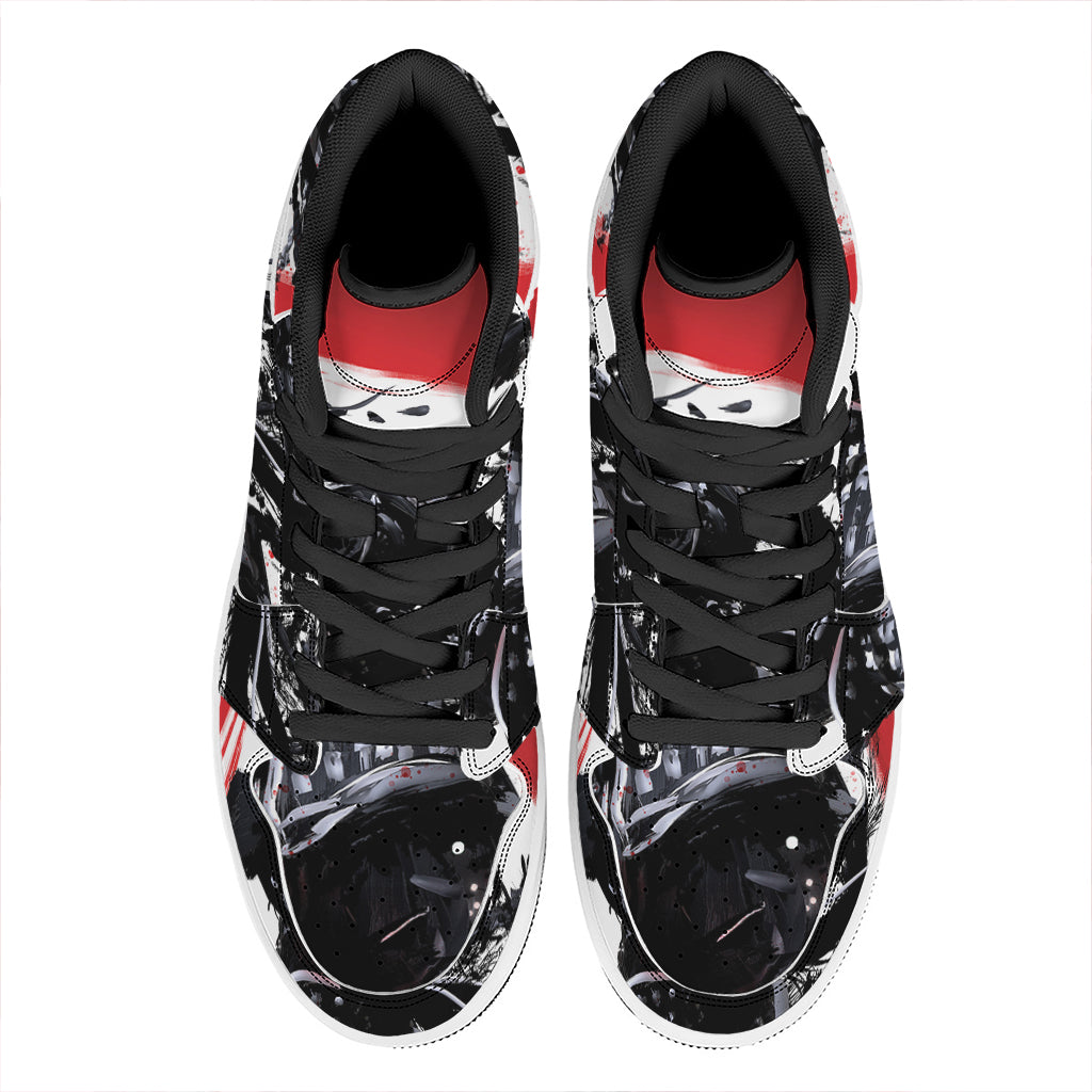 Samurai And Crow Print High Top Leather Sneakers
