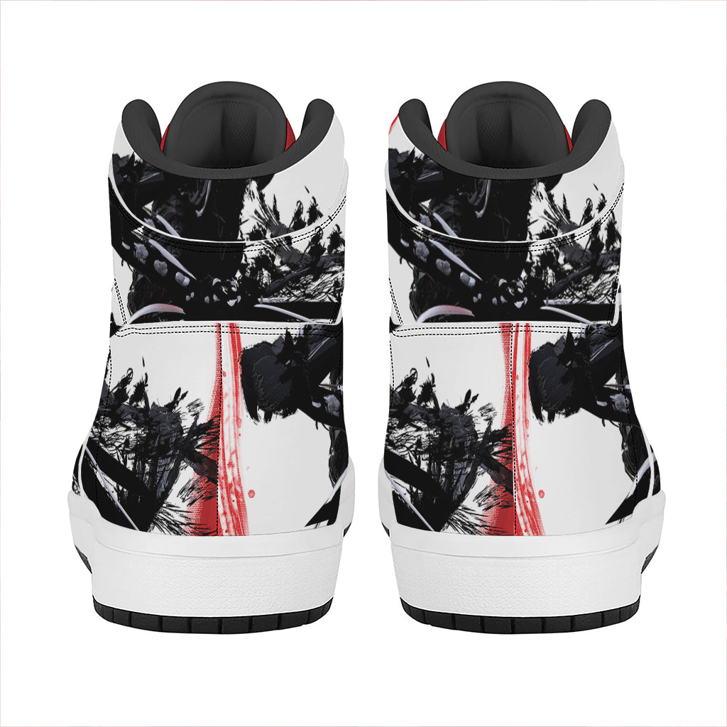 Samurai And Crow Print High Top Leather Sneakers