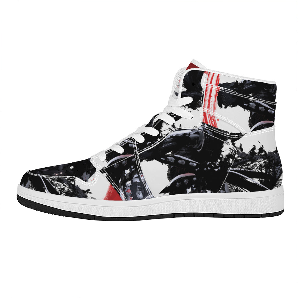 Samurai And Crow Print High Top Leather Sneakers