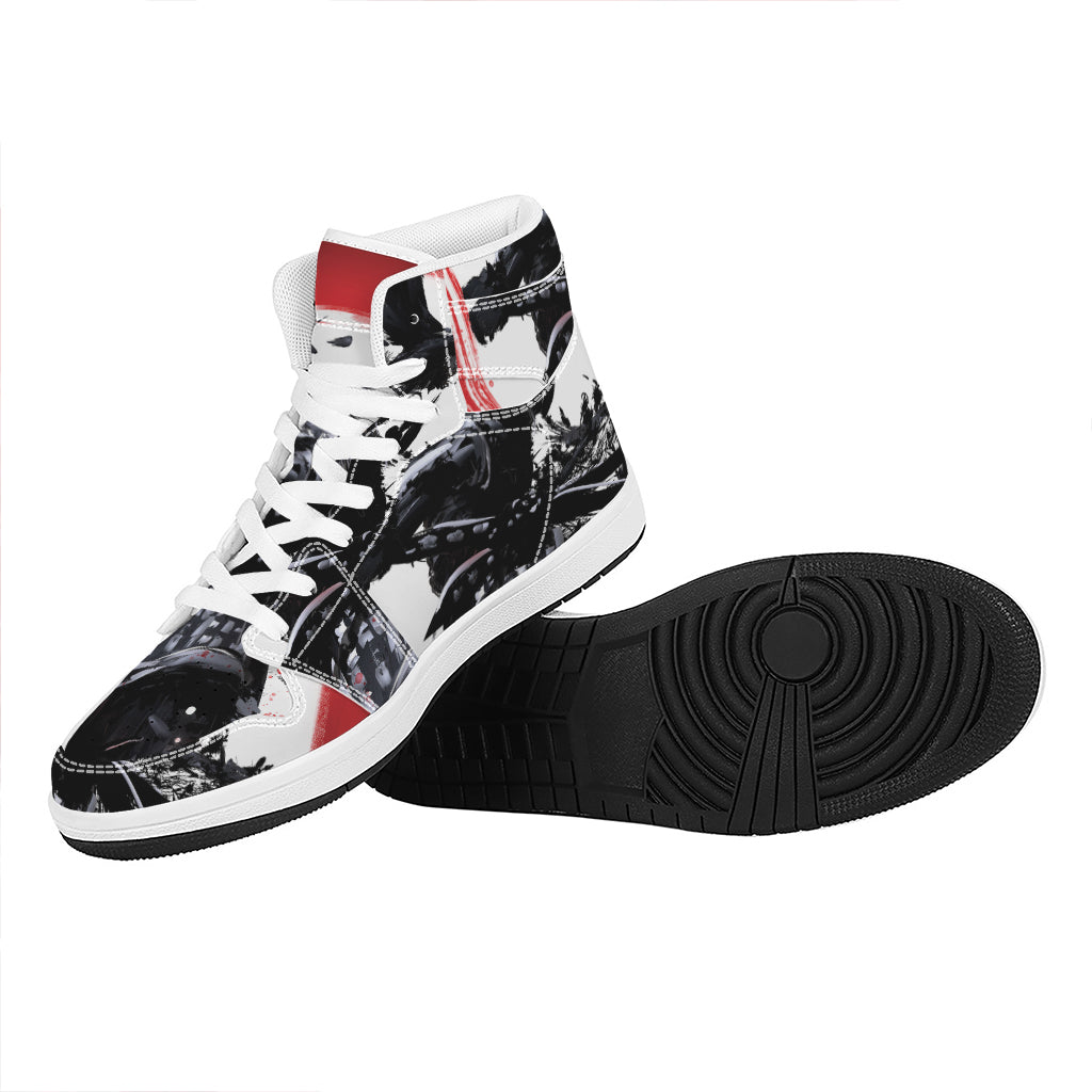 Samurai And Crow Print High Top Leather Sneakers