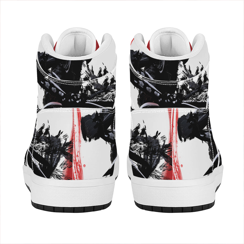 Samurai And Crow Print High Top Leather Sneakers