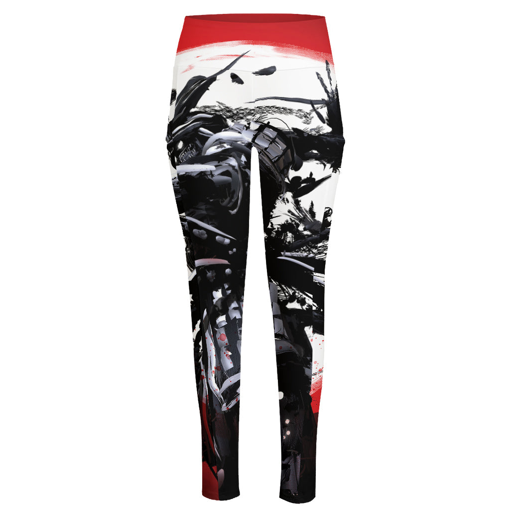 Samurai And Crow Print High-Waisted Pocket Leggings
