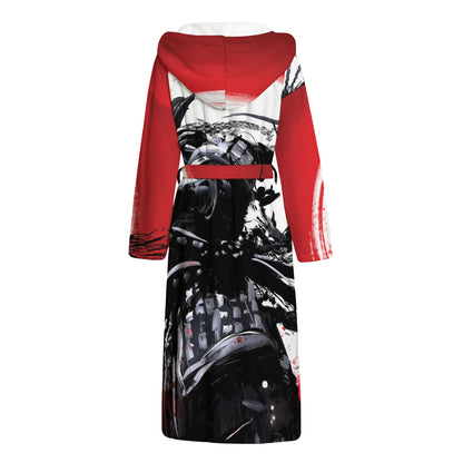 Samurai And Crow Print Hooded Bathrobe