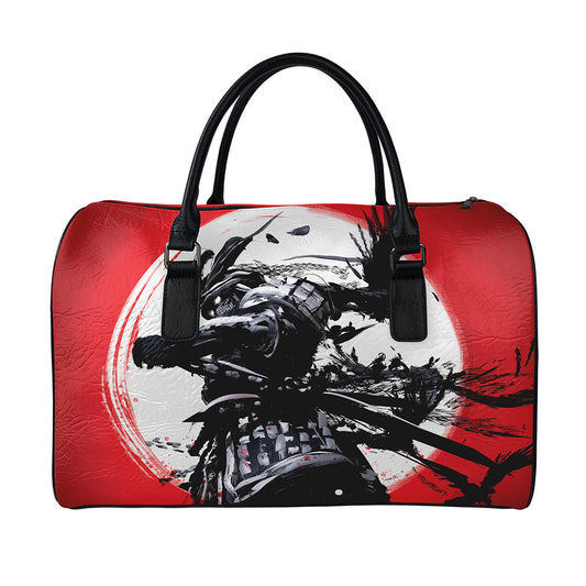 Samurai And Crow Print Leather Duffle Bag