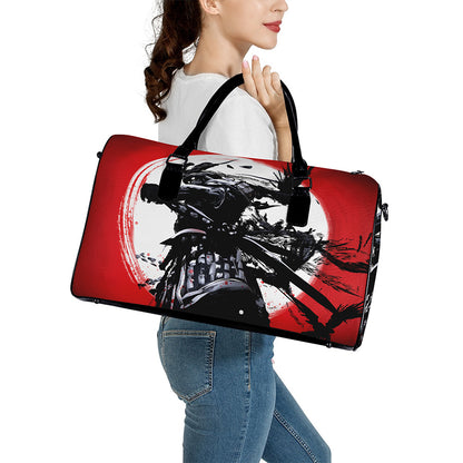 Samurai And Crow Print Leather Duffle Bag