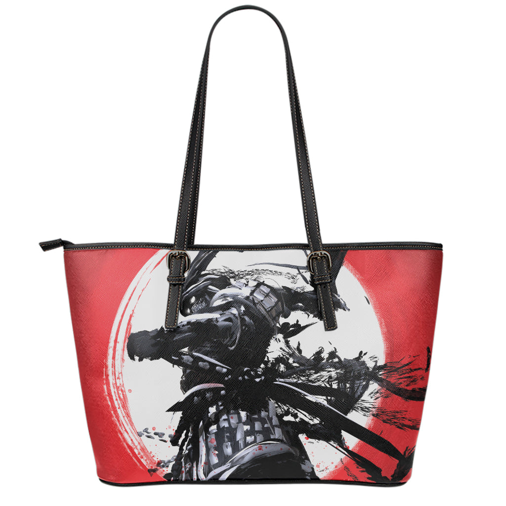 Samurai And Crow Print Leather Tote Bag