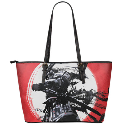 Samurai And Crow Print Leather Tote Bag