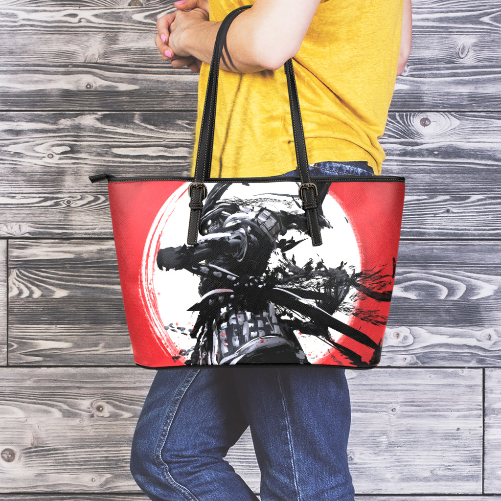 Samurai And Crow Print Leather Tote Bag