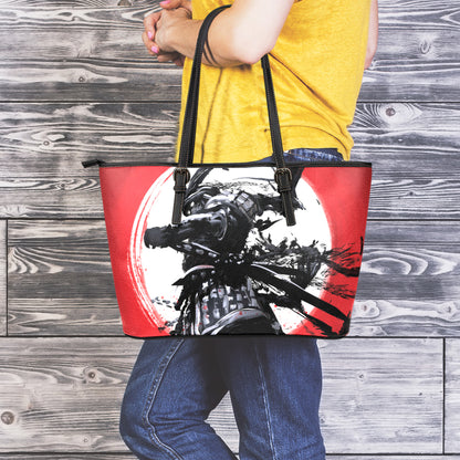 Samurai And Crow Print Leather Tote Bag