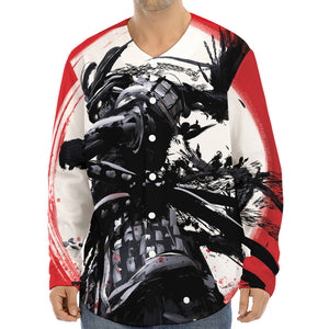 Samurai And Crow Print Long Sleeve Baseball Jersey