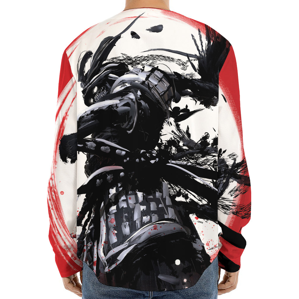 Samurai And Crow Print Long Sleeve Baseball Jersey