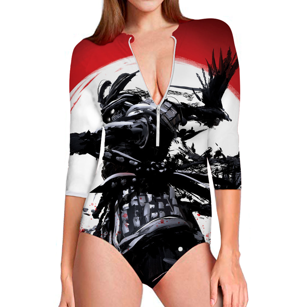 Samurai And Crow Print Long Sleeve Swimsuit
