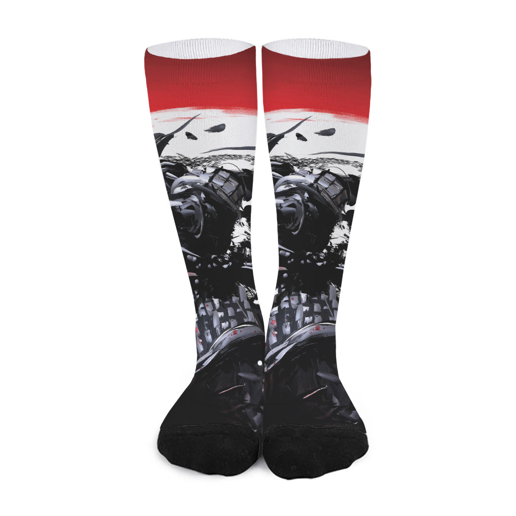 Samurai And Crow Print Long Socks