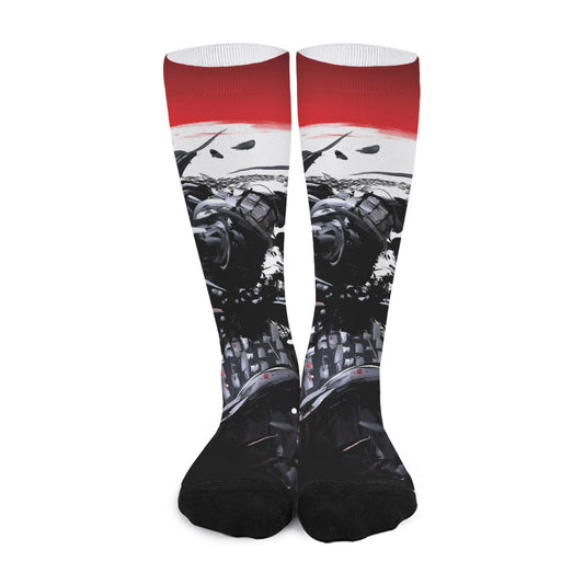 Samurai And Crow Print Long Socks