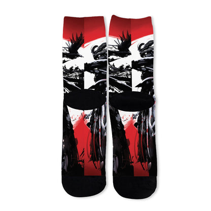 Samurai And Crow Print Long Socks