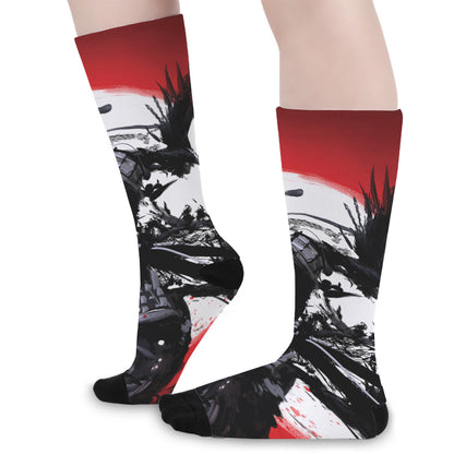 Samurai And Crow Print Long Socks