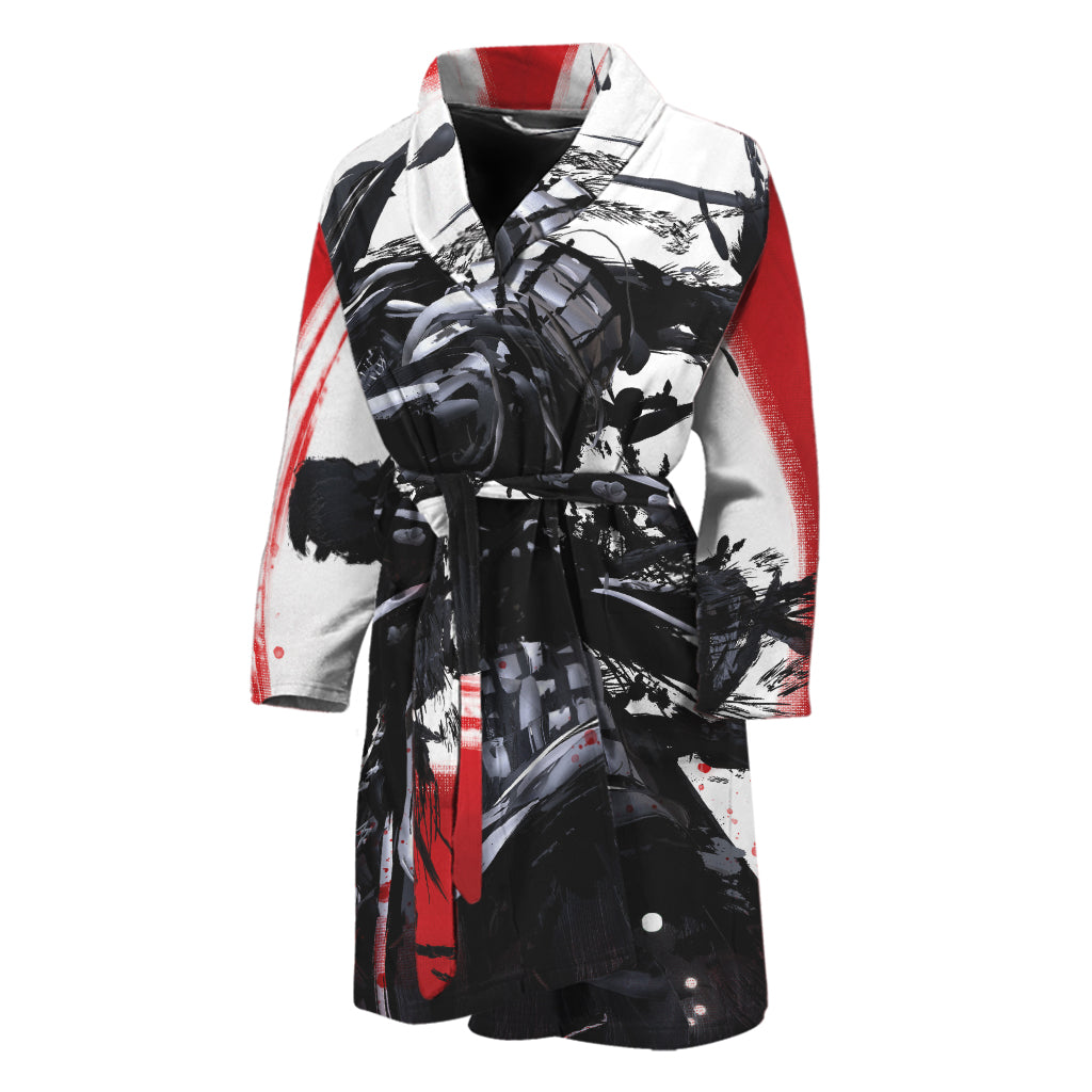 Samurai And Crow Print Men's Bathrobe