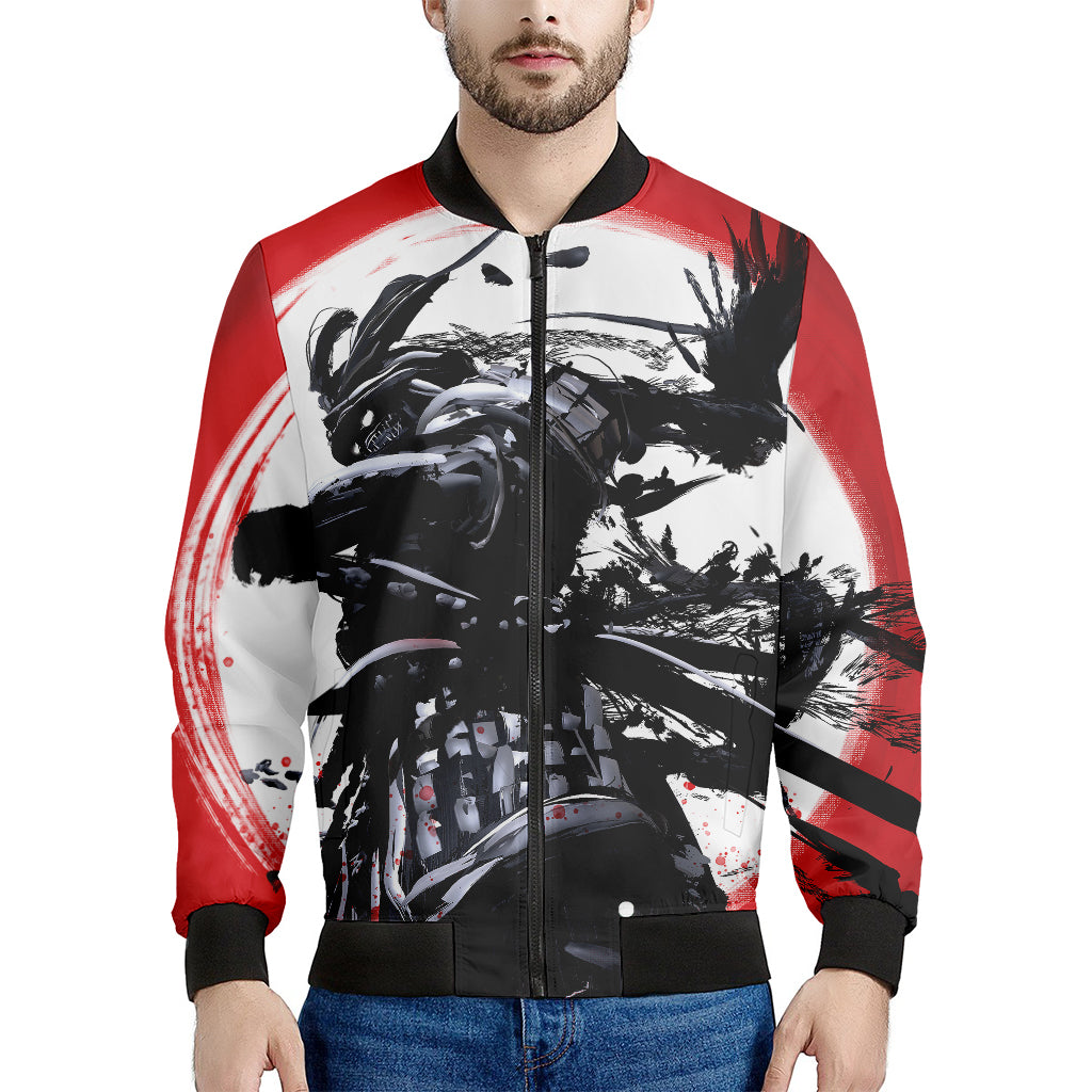 Samurai And Crow Print Men's Bomber Jacket