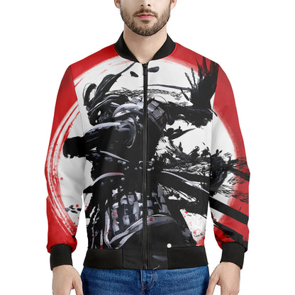 Samurai And Crow Print Men's Bomber Jacket