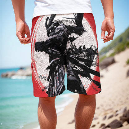 Samurai And Crow Print Men's Cargo Shorts