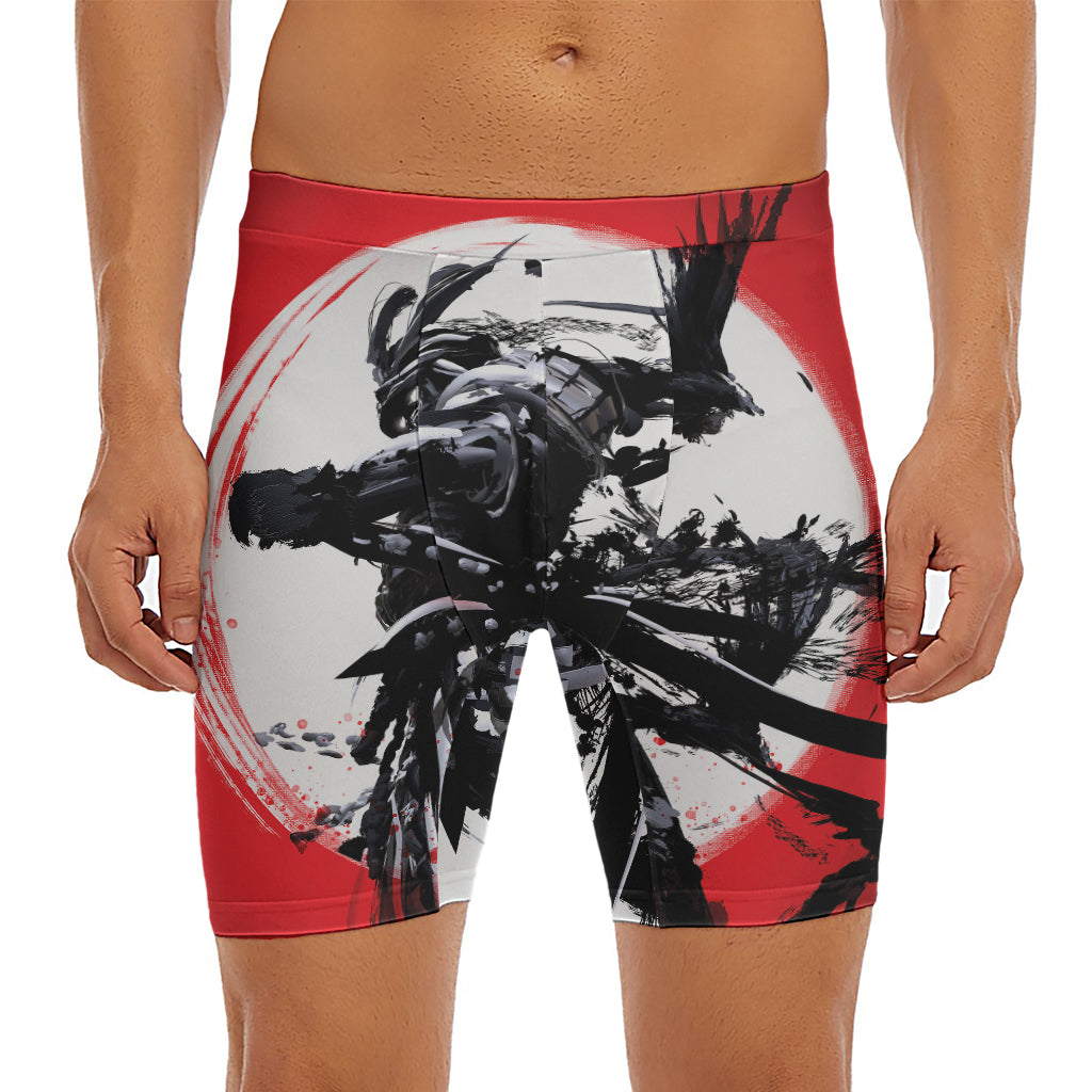 Samurai And Crow Print Men's Long Boxer Briefs
