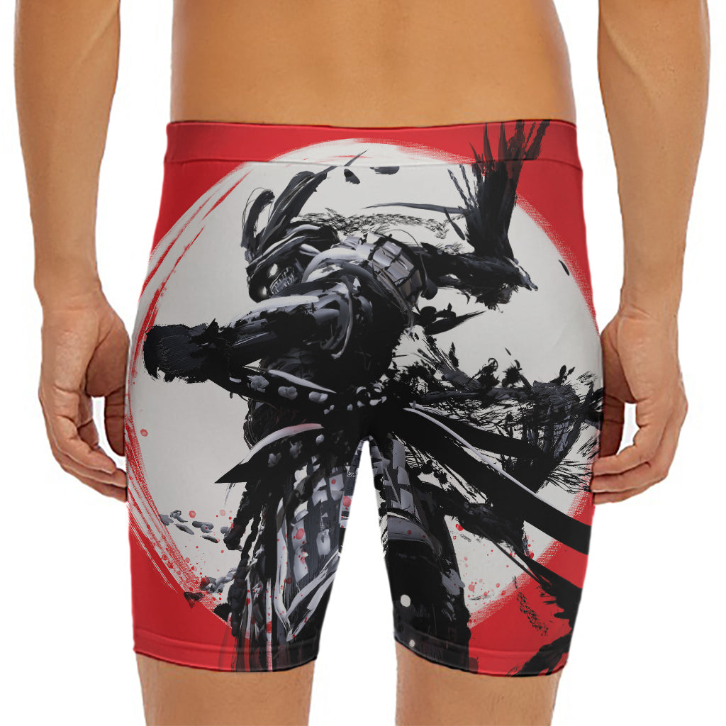 Samurai And Crow Print Men's Long Boxer Briefs
