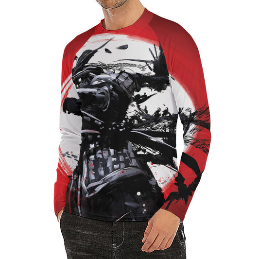 Samurai And Crow Print Men's Long Sleeve Rash Guard