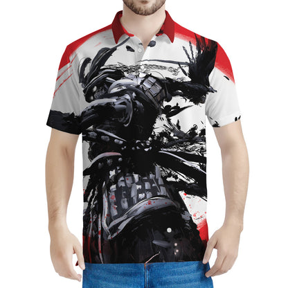 Samurai And Crow Print Men's Polo Shirt