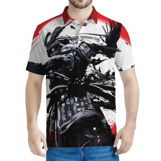 Samurai And Crow Print Men's Polo Shirt