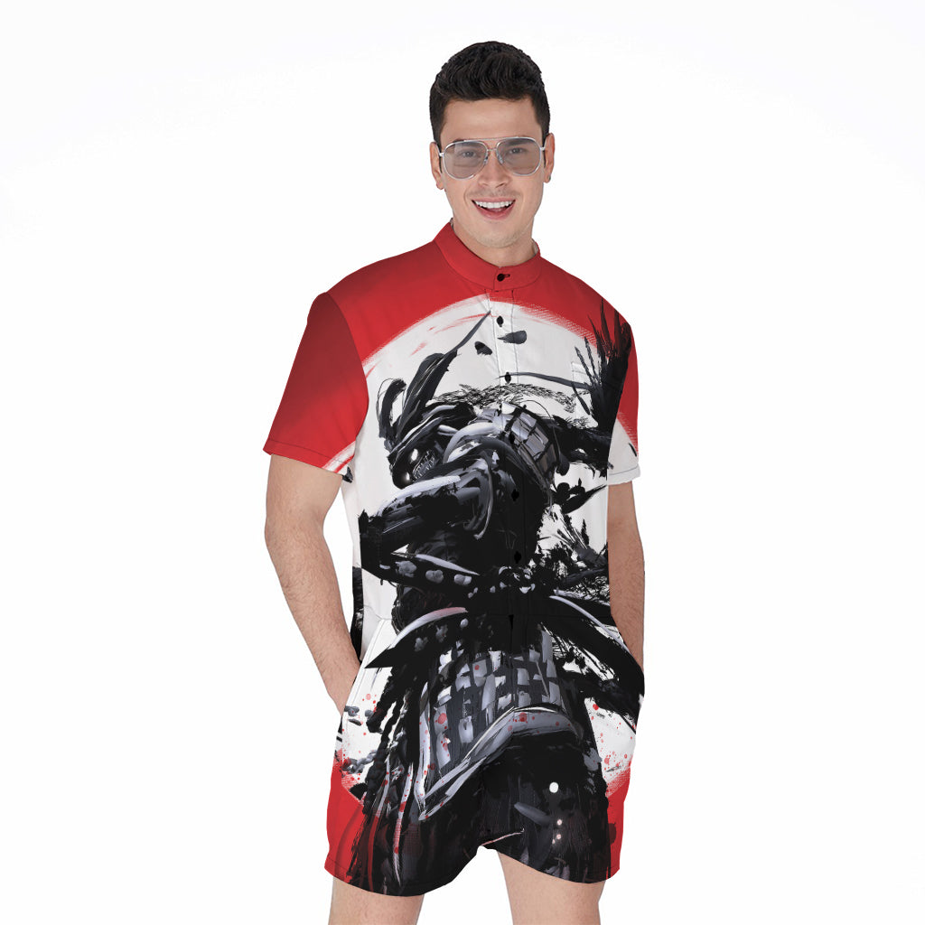 Samurai And Crow Print Men's Rompers