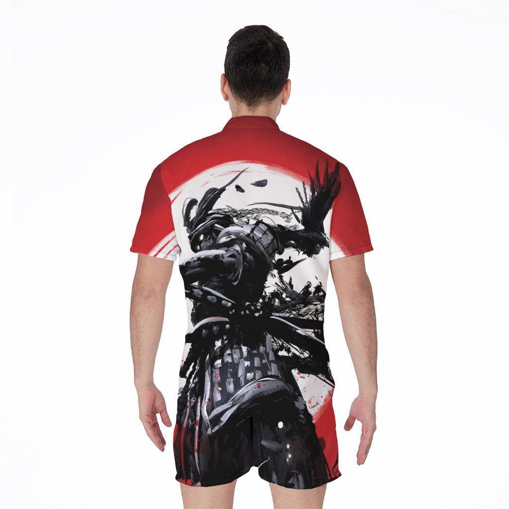 Samurai And Crow Print Men's Rompers