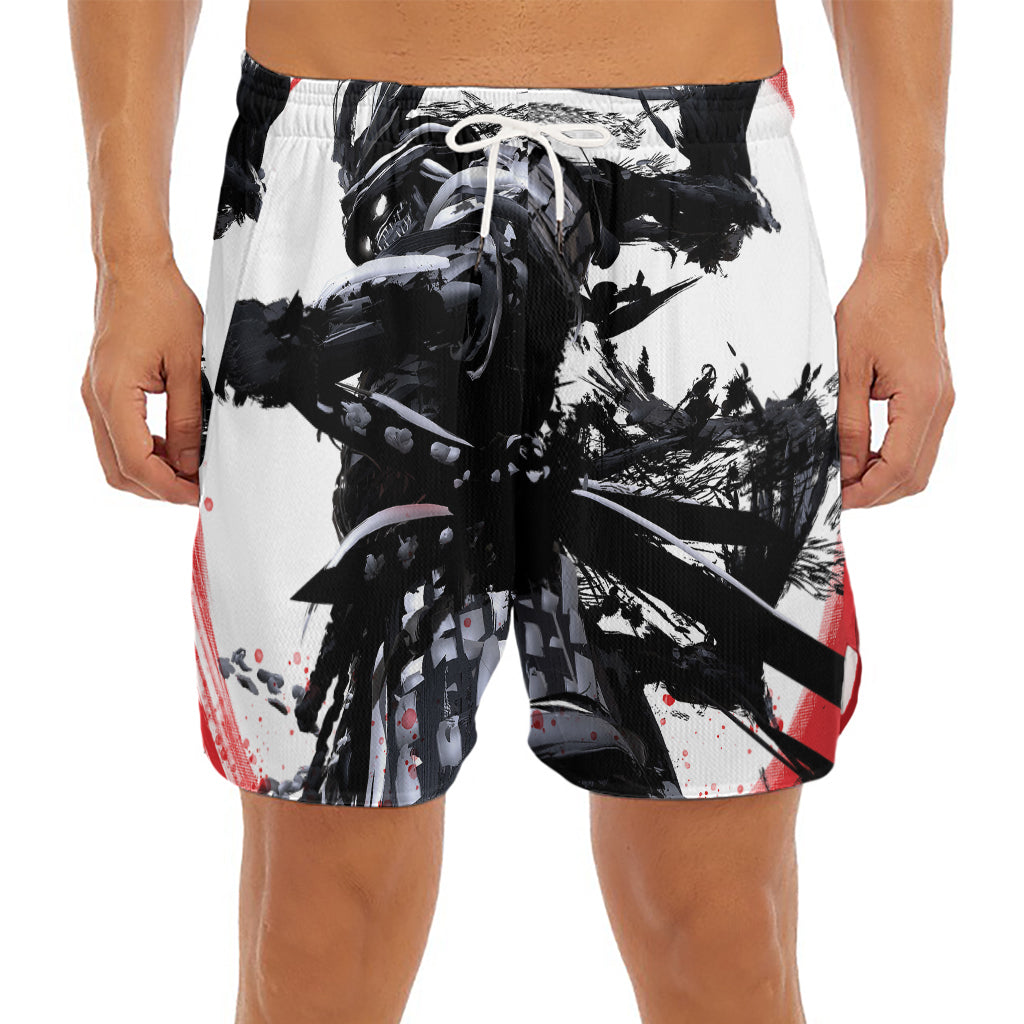 Samurai And Crow Print Men's Split Running Shorts