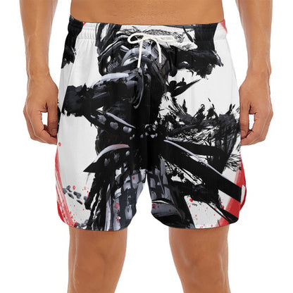 Samurai And Crow Print Men's Split Running Shorts