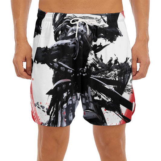 Samurai And Crow Print Men's Split Running Shorts