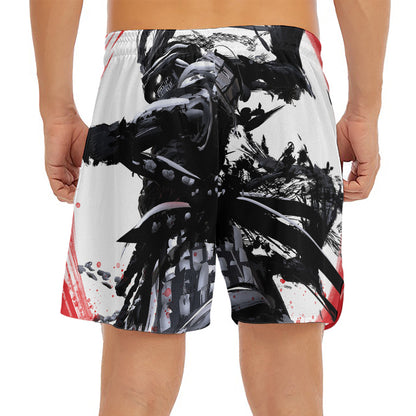 Samurai And Crow Print Men's Split Running Shorts
