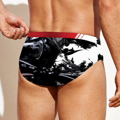 Samurai And Crow Print Men's Swim Briefs