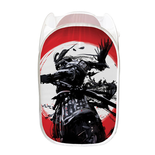 Samurai And Crow Print Mesh Laundry Hamper