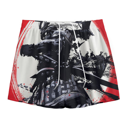 Samurai And Crow Print Mesh Shorts