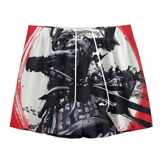 Samurai And Crow Print Mesh Shorts