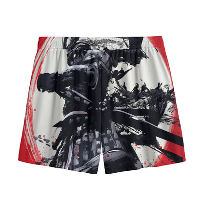 Samurai And Crow Print Mesh Shorts