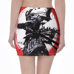 Samurai And Crow Print Pencil Mini Skirt